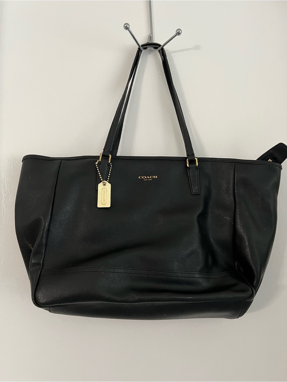 Coach Black Leather Tote with Gold Accent Charm (see callouts on strap)